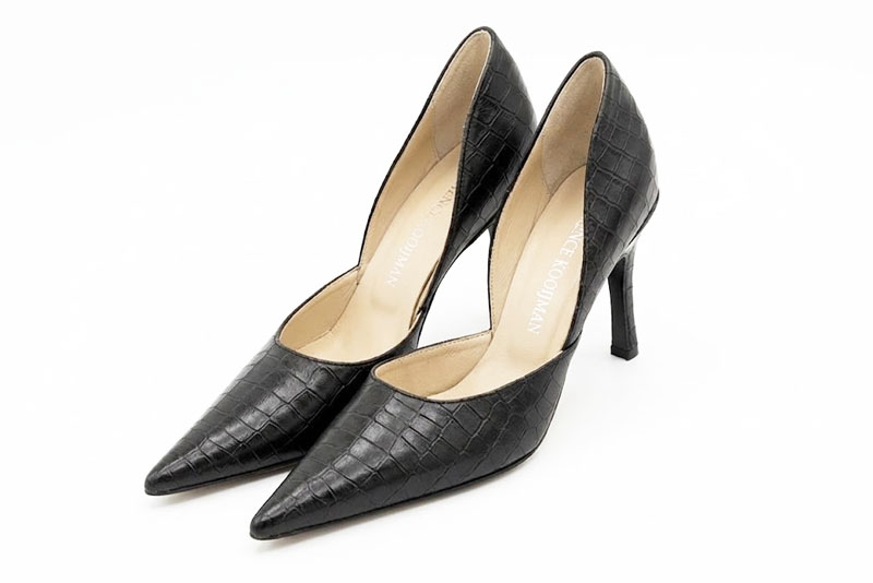 Dress pumps open arch in satin black leather with high slim heels and pointed toe - Front view
